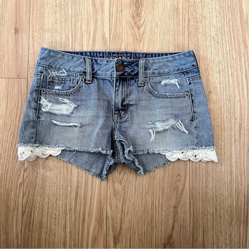American Eagle Cheeky Denim Shorts with Lace Trim